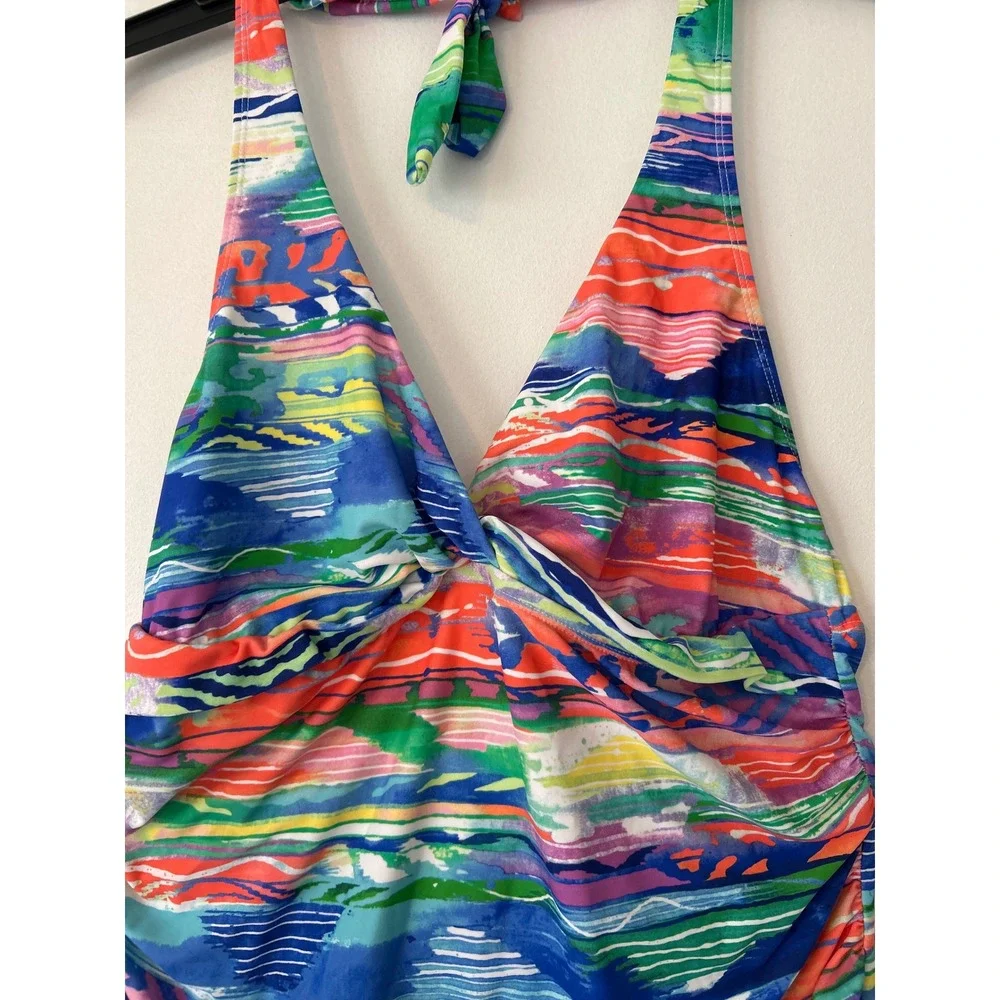 Chaps Womens Abstract Print Halter Tankini‎ Swim Top Blue Multi Color size 16